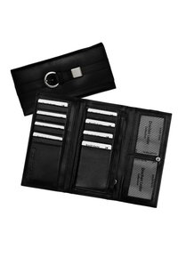 Black leather wallet with a silver snap closure and circular accent, featuring multiple card slots and compartments for organization.