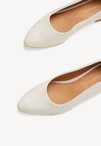 Ballerines beiges à bout pointu avec une texture lisse et des semelles intérieures beige rembourrées sur fond blanc.