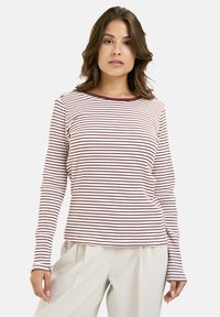 Long-sleeve striped top in cream and maroon. Ribbed texture with a crew neckline. The stripes are evenly spaced throughout the garment.