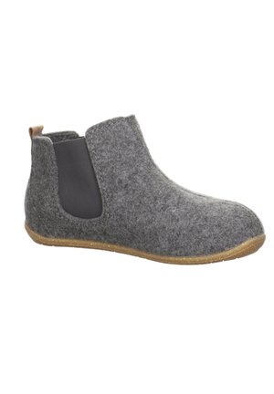 Graue, knöchellange Stiefel mit elastischen Seiteneinsätzen und einer braunen Fersenschlaufe. Gummisohle mit abgerundeter Zehenpartie und strukturiertem Obermaterial.