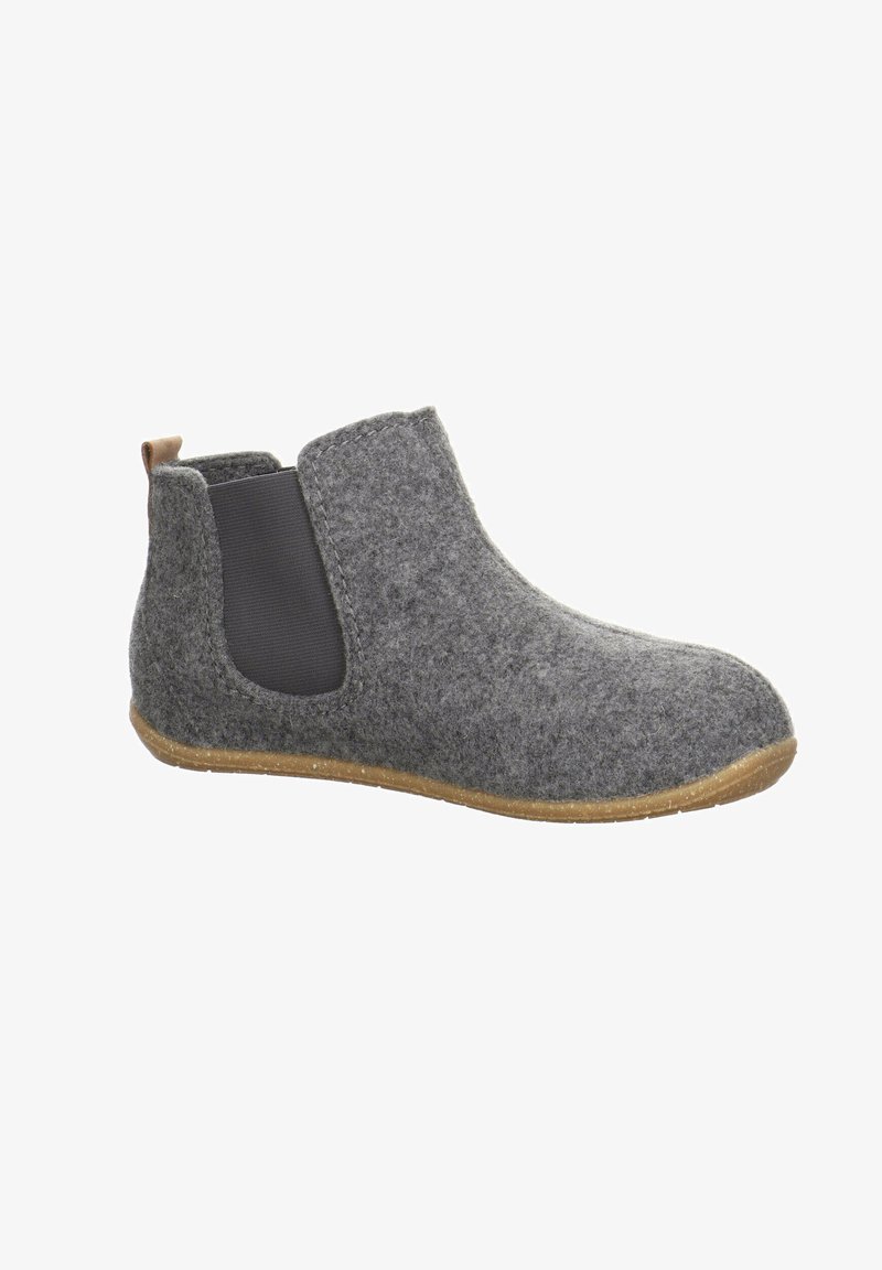 Graue, knöchellange Stiefel mit elastischen Seiteneinsätzen und einer braunen Fersenschlaufe. Gummisohle mit abgerundeter Zehenpartie und strukturiertem Obermaterial.