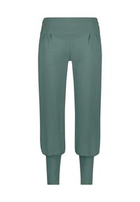 Türkise, locker geschnittene, cropped Hose mit einem breiten Bund, seitlichen Falten und engen Bündchen. Hergestellt aus glattem, dehnbarem Stoff. Kleines Logo-Detail am Bund.