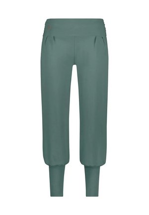 Türkise, locker geschnittene, cropped Hose mit einem breiten Bund, seitlichen Falten und engen Bündchen. Hergestellt aus glattem, dehnbarem Stoff. Kleines Logo-Detail am Bund.