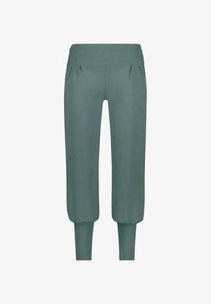 Teal-harmaa löysät räätälinlahkeet, joissa on leveä vyötärö, sivurypytykset ja kireät hihnat. Valmistettu sileästä ja joustavasta kankaasta. Pieni logo-detail vyötäröllä.