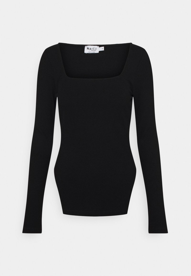 Svart långärmad topp med ribbat mönster och fyrkantig halsringning, med en figurnära silhuett och rena linjer för ett strömlinjeformat utseende.