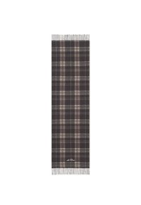 Plaid scarf in dark gray, featuring beige and blue lines. Finished with fringe at the ends and a logo at the bottom. Soft texture.