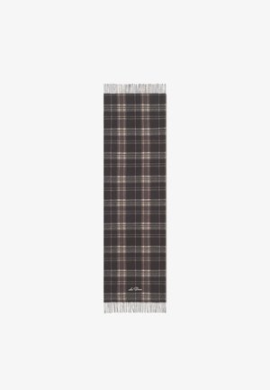 Plaid scarf in dark gray, featuring beige and blue lines. Finished with fringe at the ends and a logo at the bottom. Soft texture.