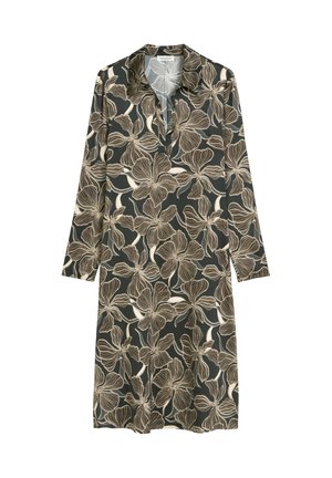 Abito camicia a maniche lunghe con sfondo scuro e grande motivo floreale beige, dotato di colletto e scollatura a V.