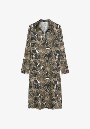 Langarm-Hemdblusenkleid mit dunklem Hintergrund und großem beigen Blumenmuster, mit Kragen und V-Ausschnitt.