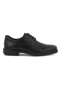 Scarpe eleganti in pelle nera con finitura liscia, punta arrotondata e design con allacciatura a cinque occhielli. Presentano cuciture sottili e una suola in gomma bassa.