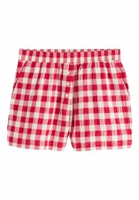 Røde og hvide ternede bomuldsboxershorts med elastisk taljebånd og tre hvide knapper foran.