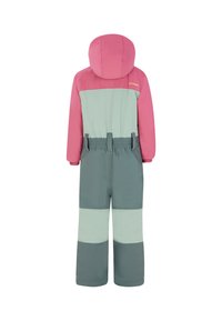 Monoski para niños con parte superior rosa, sección media verde y parte inferior gris. Presenta una capucha y una cinturilla elástica para un mejor ajuste.