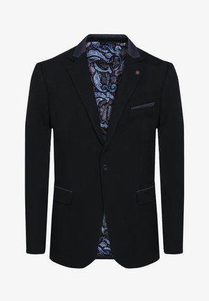 Schwarzer Herrenblazer mit dunkelblauem Paisley-musterigem Innenfutter, dunklem strukturiertem Kragen, Vorderknopf und drei Klappentaschen.