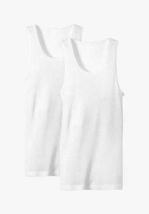White cotton tank tops with a ribbed texture, featuring wide shoulder straps and scoop necklines, displayed in a front view.