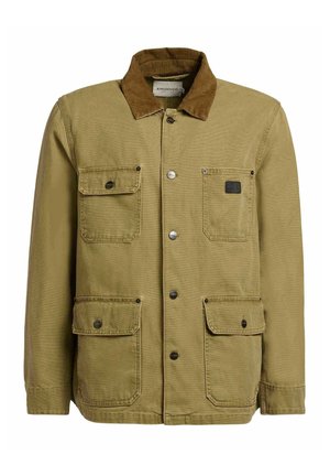 Chaqueta de lona marrón con cuatro bolsillos delanteros, cierres de botones y cuello de pana en contraste.