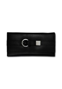Black leather clutch purse with a silver round buckle and a rectangular metal accent on the front strap, on a white background.