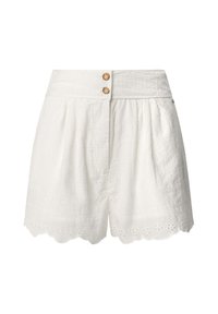Weiße Baumwollshorts mit gewelltem Saum, strukturierter Lochmusterung und zwei Holzknöpfen an der Taille. Lässiges und leichtes Design.