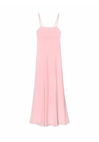 Blassrosa Maxikleid mit dünnen, verstellbaren Trägern, A-Linien-Silhouette, glattem Stoff und einem fließenden Design. Die Länge erreicht die Mitte der Waden.