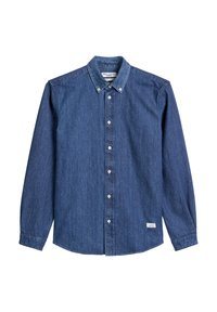 Donzen overhemd in donkerblauw met lange mouwen, knoopsluiting aan de voorkant, kraag en een klein merklabel aan de onderzoom. Gestructureerde stof.