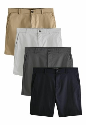 Vier Paar lässige Herren-Shorts in Beige, Hellgrau, Dunkelgrau und Schwarz vertikal auf weißem Hintergrund angeordnet.