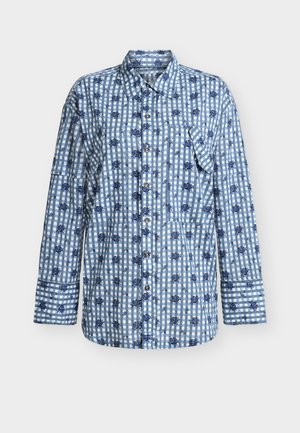 Hosszú ujjú, gombos ing kék-fehér kockás mintával és apró kék virágmintákkal, elöl zsebbel és gallérral.
