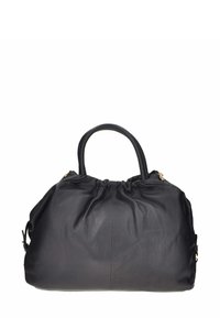 Borsa in pelle nera, forma arrotondata, texture morbida, parte superiore plissettata, manici corti, dettagli in metallo dorato, design spazioso con tasca laterale.