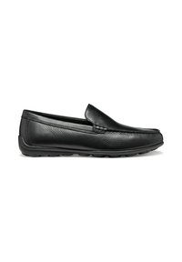 Mocassini in pelle nera con finitura liscia, design slip-on e suola in gomma con un motivo texturizzato per una presa ottimale.