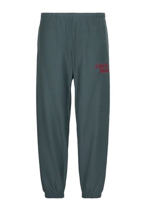 Pantaloni sportivi verde scuro con vita e polsini elasticizzati, con piccolo logo rosso "calvin klein" sulla parte superiore della coscia sinistra.