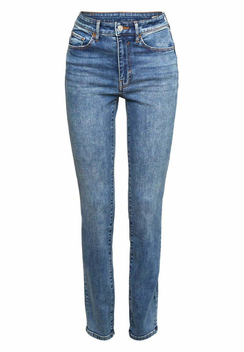 Hochtaillierte blaue Jeans im klassischen Straight-Leg-Stil, mit fünf Taschen, subtilen Steppdetails und einem Knopfverschluss.