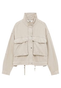 Beige cropped jacket made of soft fabric, featuring a high collar, two large front pockets, snap closures, and drawstrings at the hem.