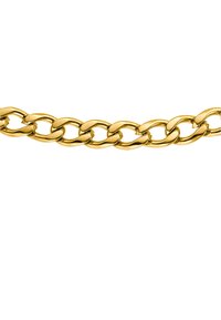 Goldfarbener Metallchain mit großen, ineinandergreifenden Gliedern. Eine glatte Textur und glänzende Oberfläche betonen das Design. Reguläre, ovale Gliedform.