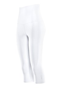 Białe legginsy z wysokim stanem, wykonane z elastycznego materiału, o gładkiej fakturze, dopasowanym kroju i bez widocznych logo czy wzorów.