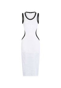 Abito bianco senza maniche con bordature nere, caratterizzato da una silhouette aderente e il logo "LIU•JO" in lettere in rilievo sul davanti. Texture liscia.