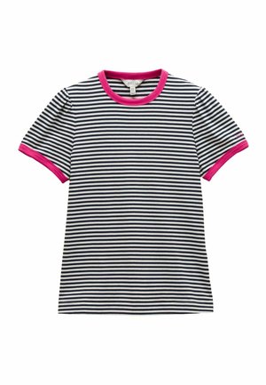 Marineblau-weiß gestreiftes Kurzarmhemd mit leuchtend pinkem Kragen und Ärmelbündchen, flach auf weißem Hintergrund ausgelegt.