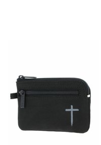 Black zippered wallet made from soft material, featuring a horizontal zip compartment and a gray cross design on the front.
