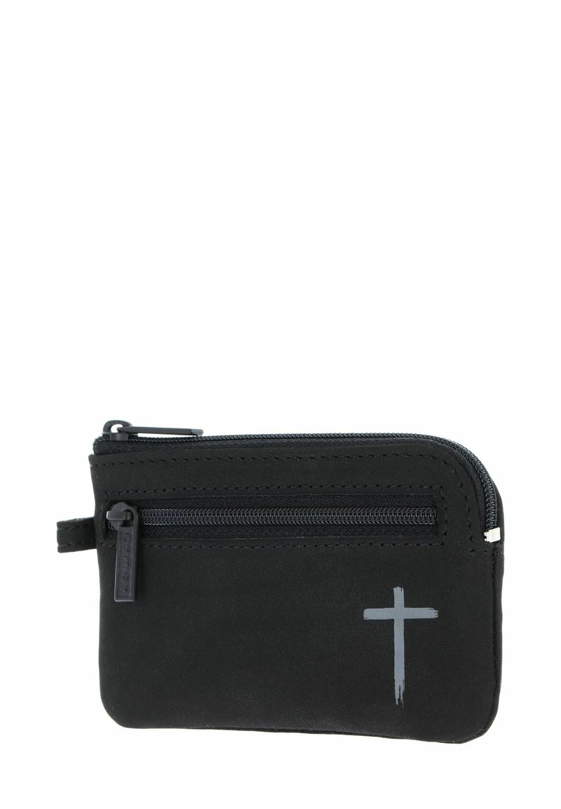 Black zippered wallet made from soft material, featuring a horizontal zip compartment and a gray cross design on the front.