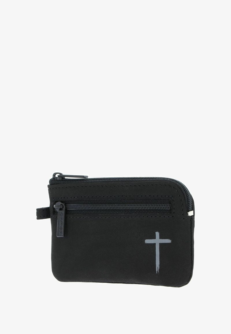 Black zippered wallet made from soft material, featuring a horizontal zip compartment and a gray cross design on the front.