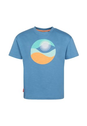 Blue short-sleeve t-shirt with a round neck and a circular graphic design in blue, teal, white, and orange on the front center.