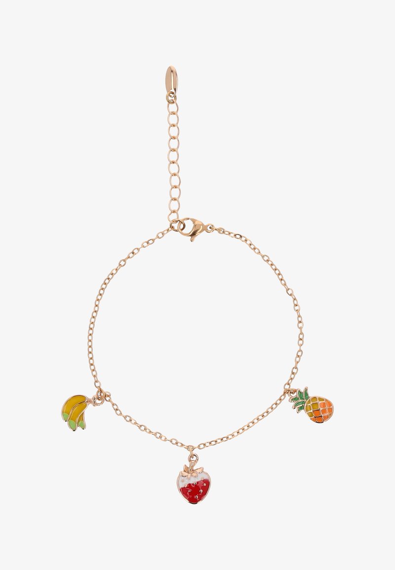 Złota bransoletka łańcuchowa z zawieszkami w kształcie banana, truskawki i ananasa w żółtej, czerwonej i pomarańczowej emalii.