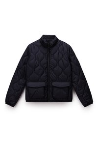 Padded black jacket featuring a high collar, zip closure, and two front pockets with horizontal flaps. Textured quilted design throughout.