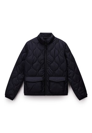Padded black jacket featuring a high collar, zip closure, and two front pockets with horizontal flaps. Textured quilted design throughout.
