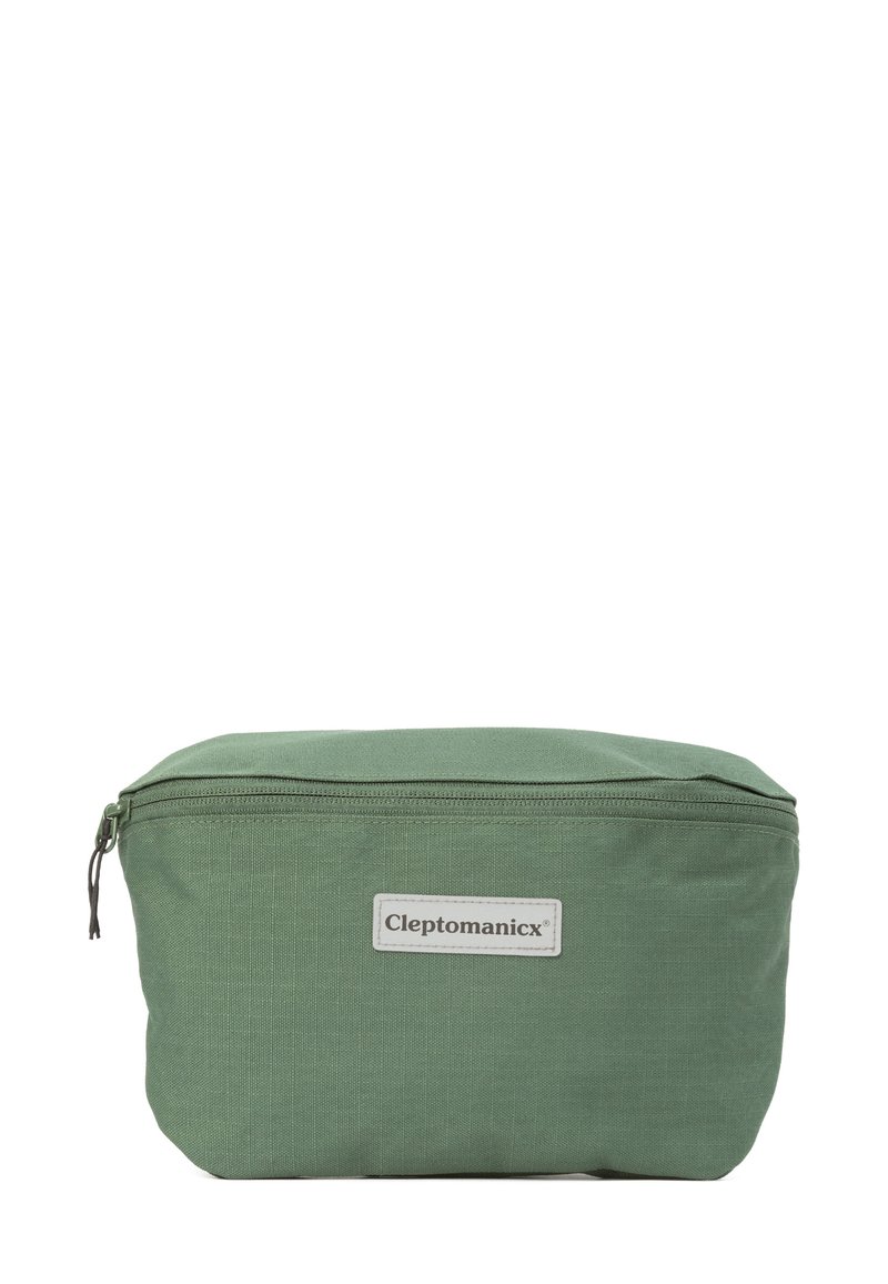 Olivengrünes kosmetisches Täschchen mit rechteckiger Form und Reißverschluss oben, ausgestattet mit einem weißen Etikett mit dem Markennamen "Cleptomanicx."
