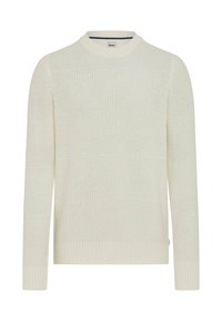 Maglione bianco lavorato a maglia con scollatura rotonda. Presenta motivi testurizzati e polsini e orlo a coste. Realizzato in tessuto leggero.