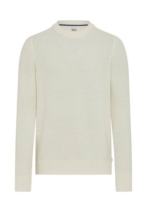 Witte gebreide trui met een ronde hals. Heeft textuurpatronen en geribbelde mouwen en onderkant. Gemaakt van lichtgewicht stof.