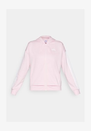 Rosa zip-up huvtröja i mjukt tyg, med dragsko i huvan, två framfickor och vita ränder längs ärmarna. Logotyp på bröstet.