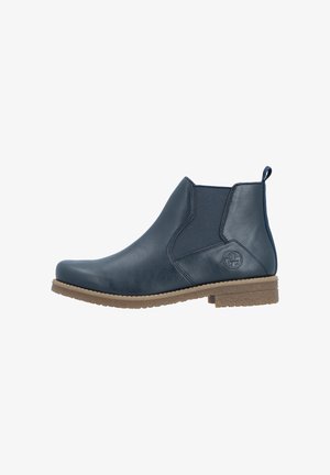 Bottine en cuir bleu marine avec panneau latéral élastique, languette de tirage, semelle cousue et talon bas en caoutchouc marron.