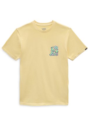 Żółta bawełniana koszulka z krótkim rękawem, zdobiona kolorową grafiką kwiatów oraz logo "Vans" na lewej piersi. Standardowy okrągły dekolt.