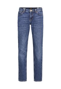 Jeans de mezclilla azul con un diseño de pierna recta, lavado medio, detalles de costura visibles y un cierre clásico de botón y cremallera en la cintura.