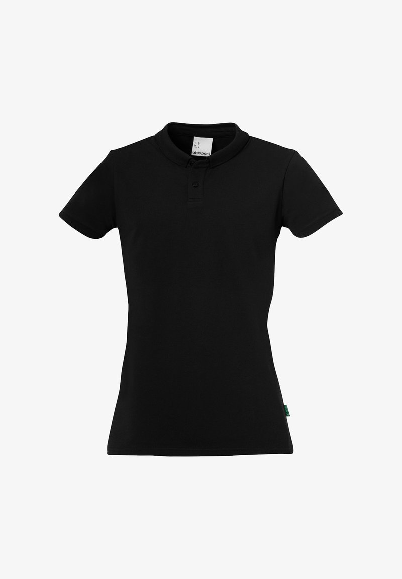 Zwarte polo gemaakt van soepel stof, met een klassieke kraag, korte mouwen en een knoopsluiting met twee knopen. Groene label aan de zijkant.