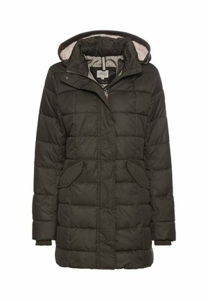 Donkergroene gewatteerde jas met capuchon, gestikte ontwerp, vooraan met rits en twee zijzakken. Gefolieerd met een zachte, contrasterende stof.